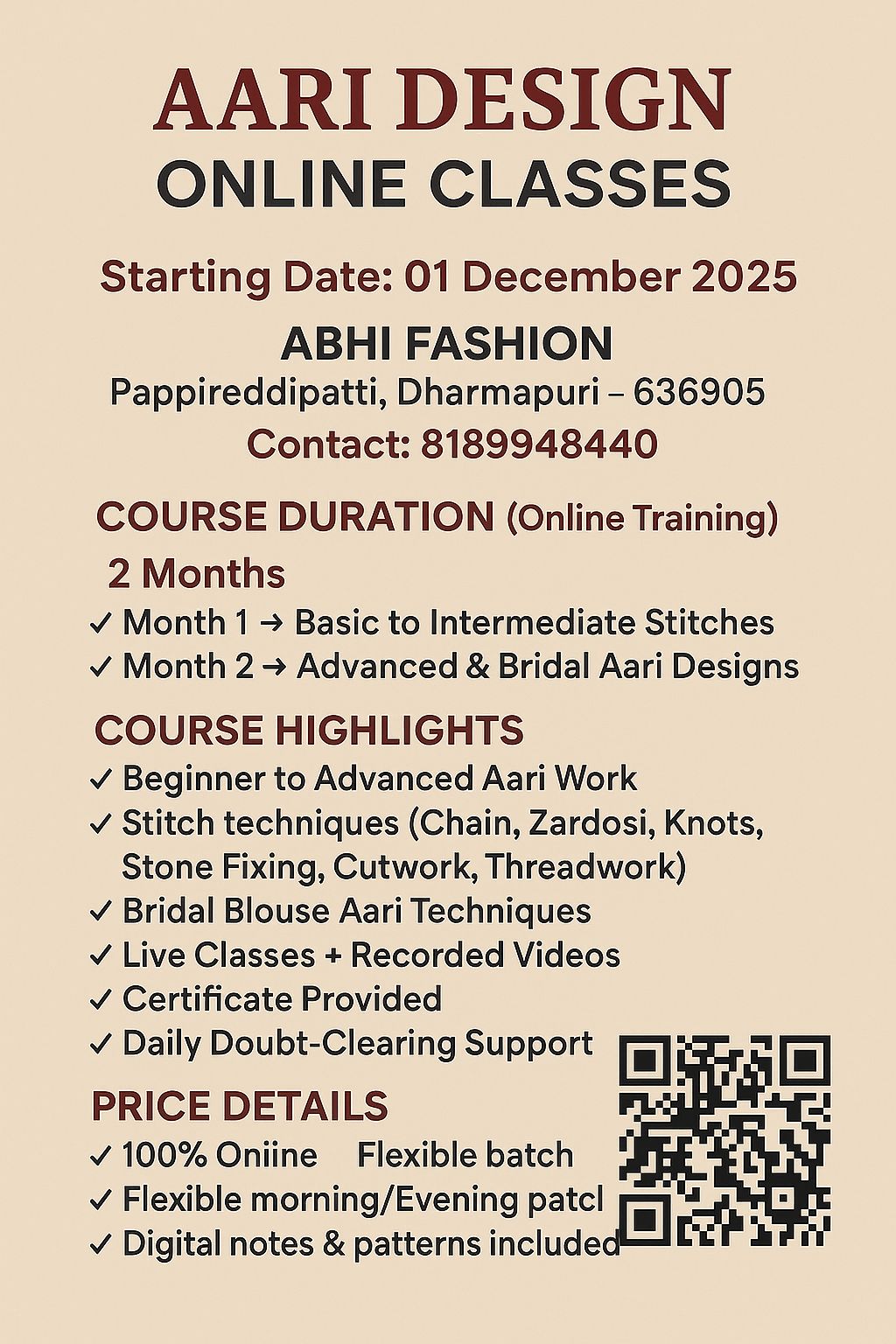 Aari Design Online Classes from Dec 1, 2025